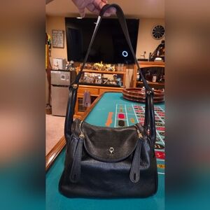 Vera Pelle Elegant Black Peebled Leather Shoulder Bag